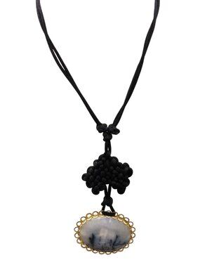 Vintage Dendritic Opal Pendant Necklace, Gold Tone Framed Stone Cabochon
